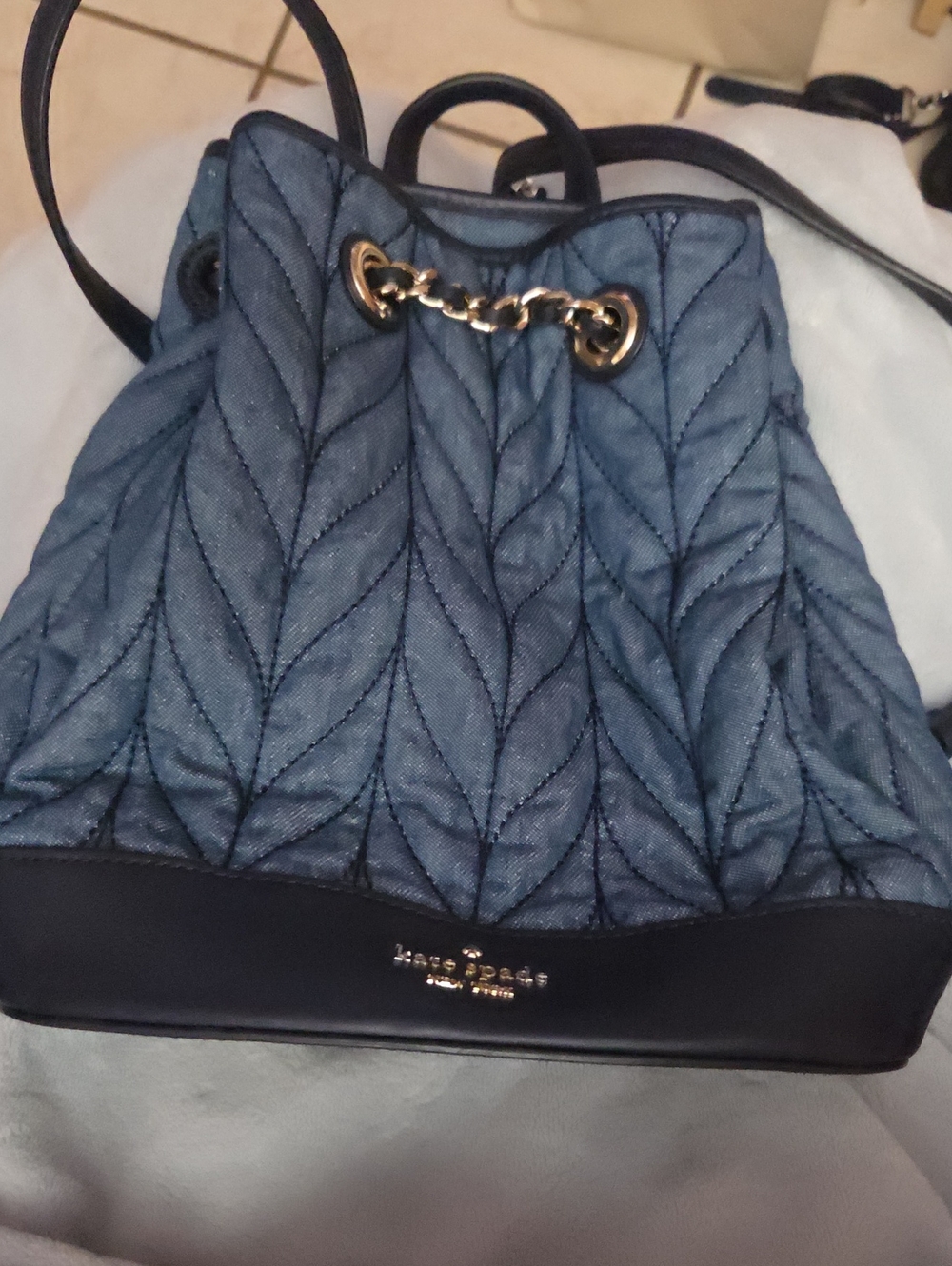 kate spade Quilted Denim Drawstring Backpack with Gold Chain Accents NWOT